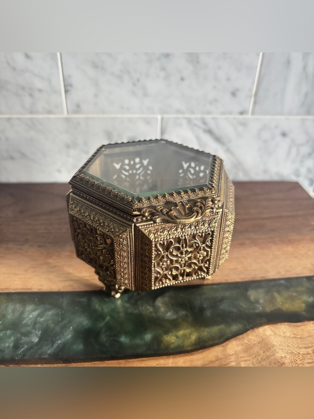 Vintage Ornate Brass Footed Hexagon Jewelry Box Casket with Beveled Glass Lid